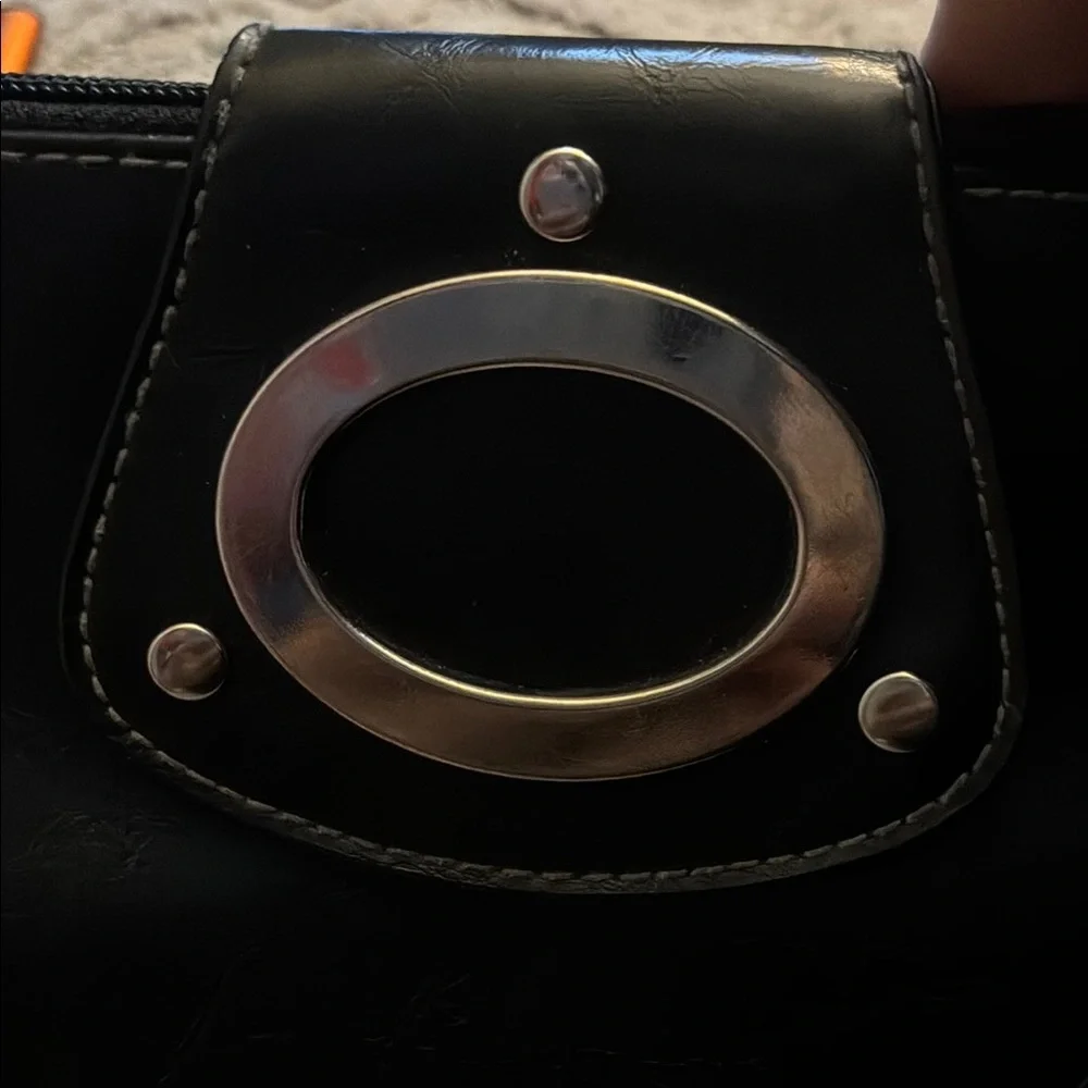 Elegant Black Clutch Wristlet with Silver Accents